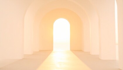 Sunlit Archway: Warm Light in White Corridor
