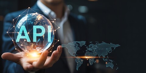 Businessman holding glowing digital sphere with api text and global network connections