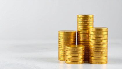 Golden Coin Stacks on White Background