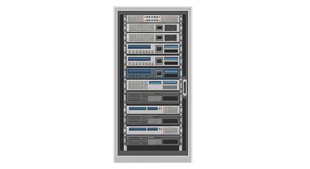 Detailed illustration of a modern data center server rack cabinet filled with network and computing hardware, isolated on a white background