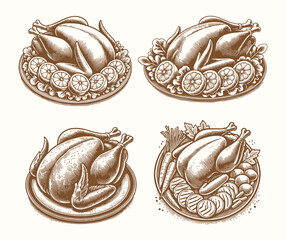 Thanksgiving Turkey On Plate Vector set