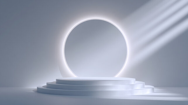 Minimalist white podium with circular glowing backdrop illuminated by soft light beams creating serene black friday sale atmosphere for product - Powered by Adobe