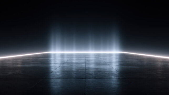 Black Friday sale concept with glowing light beams on dark reflective floor creating futuristic atmosphere