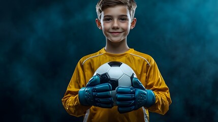 A young goalkeeper is holding a soccer ball in his hands.