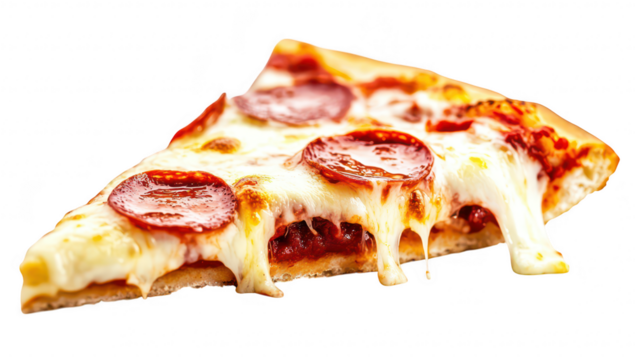 A delicious slice of pepperoni pizza with gooey melted cheese. set against a clean white background. highlighting the appetizing toppings and inviting texture. perfect for food-related content
