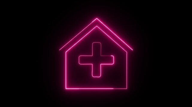 Abstract neon home medical cross icon animation, neon plus sign icon, Plus neon sign. Computer generated 3d render, Neon Glowing Plus Symbol On Black Background