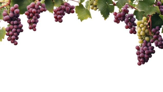 A display of ripe purple and green grapes hanging from lush green vines. set against a clean white background. perfect for food and beverage marketing or culinary themes