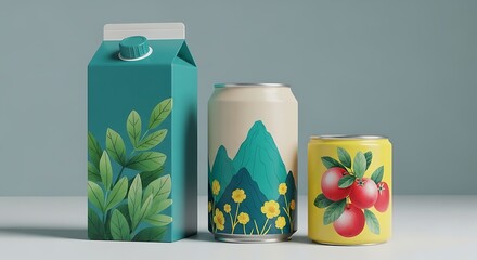 Obraz premium Eco Friendly Beverage Packaging Juice Carton and Cans with Botanical Illustrations