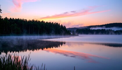 Fototapeta premium Misty Sunrise Over Calm Lake with Tree Reflections