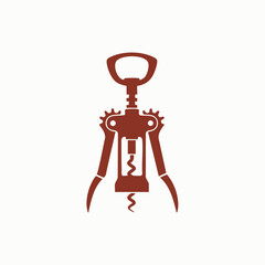 Minimalist brown silhouette of a winged corkscrew wine opener isolated on a plain white background
