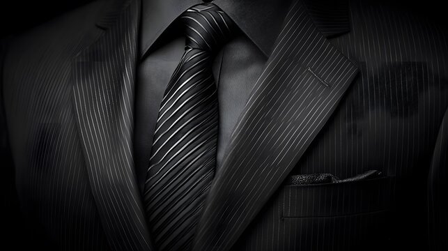A close-up view of a black pinstriped suit and tie, highlighting the intricate texture and dark, elegant mood.