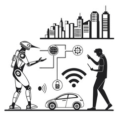 “Futuristic technology silhouette collection: robotics, human-AI interaction, cyborg, smart city elements, augmented reality overlay, tech devices, innovation vector icons for digital branding and sci