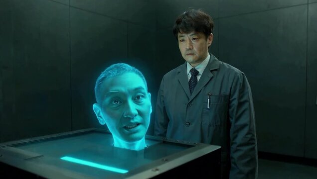 A scientist observes a holographic AI projection, diligently exploring critical principles for Ethical AI Development, ensuring responsible innovation for future intelligent systems