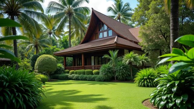 Lush Tropical Garden with House Background
