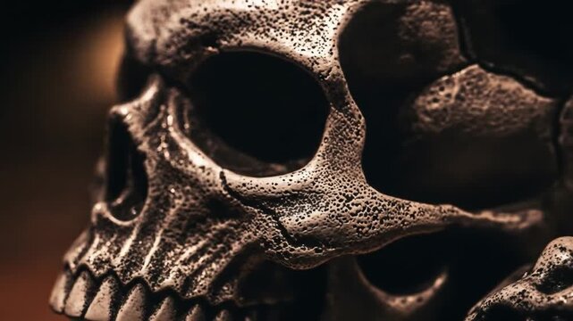 Closeup of a detailed skull sculpture featuring deep eye sockets and textured surface