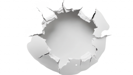 A close-up view of a circular hole in a white wall. jagged cracks around the edges. with a clean background emphasizing the damaged area. ideal for use in renovation or damage concepts