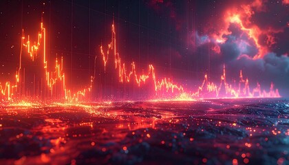 A vibrant display of a dramatic financial market trend, illustrated with glowing, orange-red candlestick charts against a dark, fiery background, revealing volatile fluctuations.