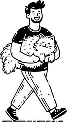 Hand drawn style flat vector design illustration of a happy man with cat on his lap