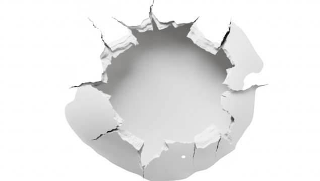 A close-up view of a circular hole in a white wall. jagged cracks around the edges. with a clean background emphasizing the damaged area. ideal for use in renovation or damage concepts