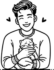 Hand drawn style flat vector design illustration of a happy man with cat on his lap
