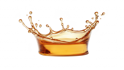 A close-up view of a amber liquid splashing in a clear glass. capturing the dynamic motion of the splash against a pure white background. ideal for beverage advertising or culinary presentations