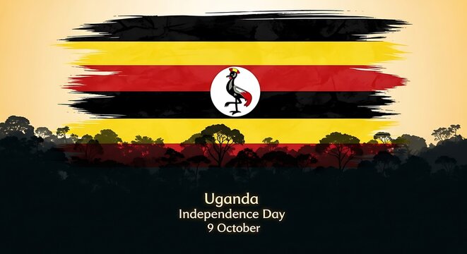 Uganda Independence Day: Brushstroke Flag Over Forest Silhouette, October 9th