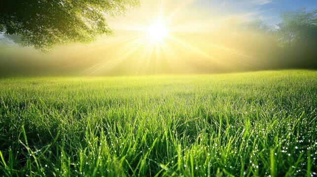 Serene Sunrise Over Dewy Grass Field in Soft Morning Light
