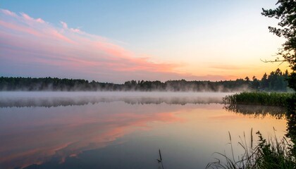 Obraz premium Misty Sunrise Over Calm Lake with Tree Silhouette