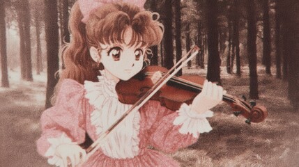 A young girl plays a violin in a sepia-toned forest.