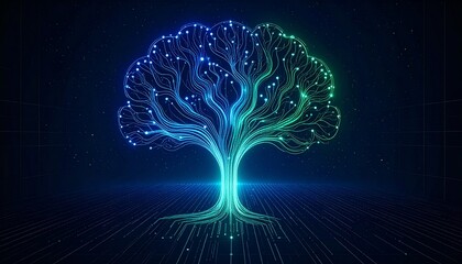 A luminous digital tree with intricate branches and roots made of glowing circuits and data points.