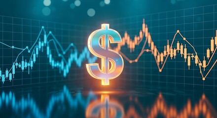 Glowing dollar symbol centered over abstract financial stock market trading charts and graphs
