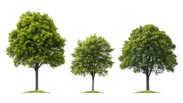 A trio of lush green trees of varying sizes standing on a grassy patch. the beauty of nature against a plain white background. ideal for environmental themes or landscaping projects