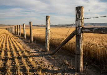 Weathered Wooden Fence Posts in a Dry Wheat Field