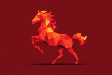 This stock image features a stylized red fire horse symbol created using triangular shapes in a flat vector style.
