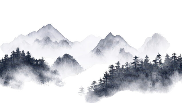 Serene mountain landscape shrouded in mist. with towering peaks and dense forests at the base. creating a tranquil atmosphere perfect for relaxation or meditation