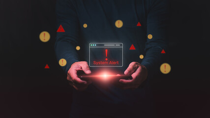 Cybersecurity alert for operating system failure with intrusion detection, computer network threats, virus attacks, and cybercrime risks