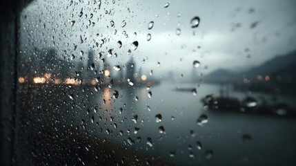 Obraz premium Raindrops on Window with Blurred Cityscape View Creating Atmospheric Mood