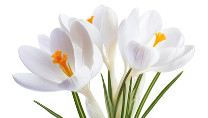 Obraz premium A close-up view of delicate white crocus flowers with orange stamens. elegantly arranged against a clean white background. ideal for floral-themed designs or nature-focused projects