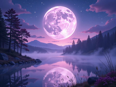 night landscape with moon and mountains