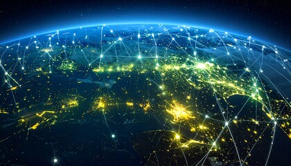 A glowing digital network connecting major cities and population centers across the globe as seen from space at night.