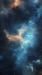 Naklejka premium A captivating cosmic expanse, showcasing swirling nebulae and scattered stars in a breathtaking display of vibrant blues and oranges against a deep night sky.