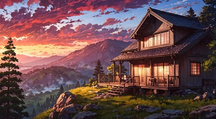 Naklejka premium A wooden cabin stands on a hillside overlooking a mountainous landscape during a vibrant sunset for travel media.