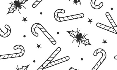 Seamless pattern of candy cane and bat with holly berry for halloween or christmas