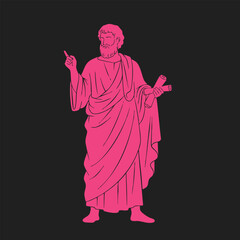 Fototapeta premium Illustration of an ancient philosopher or scholar holding scrolls and gesturing with one hand in classical robes on dark background