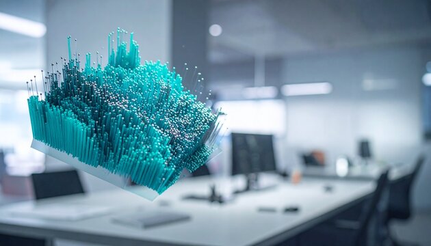 Futuristic 3D data visualization hologram floating in a modern corporate office environment.