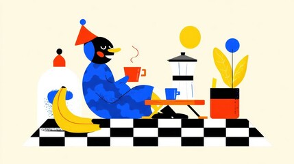 A cheerful figure enjoys a coffee break on a checkered patio.