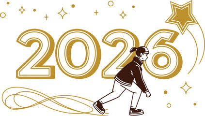 Stylized 2026 winter games illustration with ice skater and golden star