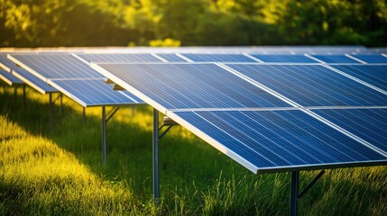 installation. Solar panels in a sunlit field, representing sustainable energy and environmental care. ESG reports, sustainability campaigns, designed for environmental awareness campaigns.