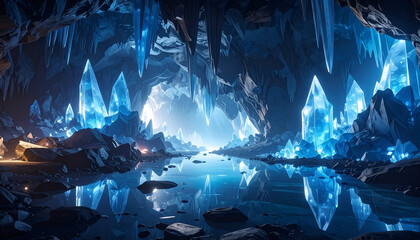 Enormous underground crystal cavern glowing in blue light, reflecting on the cave floor, cinematic atmosphere, no explorers