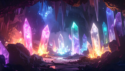 Magical giant crystal cave with glowing crystals in multiple colors